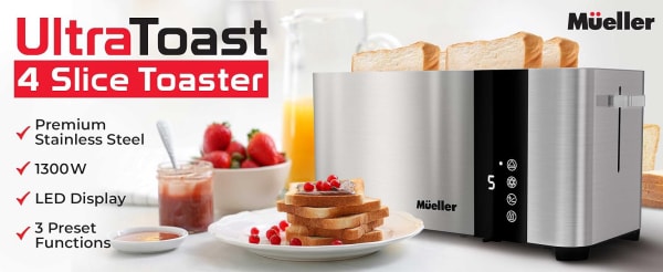 Stainless Steel Toaster 4 Slice, Long Extra-Wide Slots for Bagels and Waffles